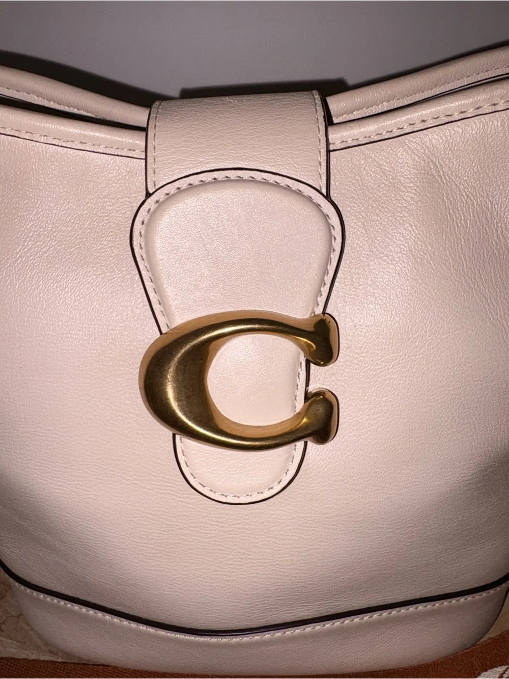 Coach chalk bucket Bag with Brown Patterned Strap and Gold Hardware